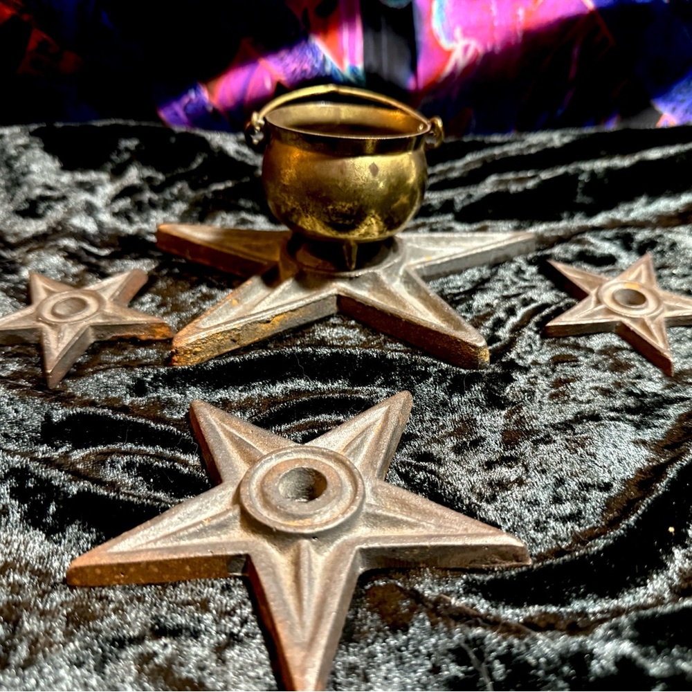 Vintage Brass Caldron with Cast Iron Architectural Stars Alter Decor
